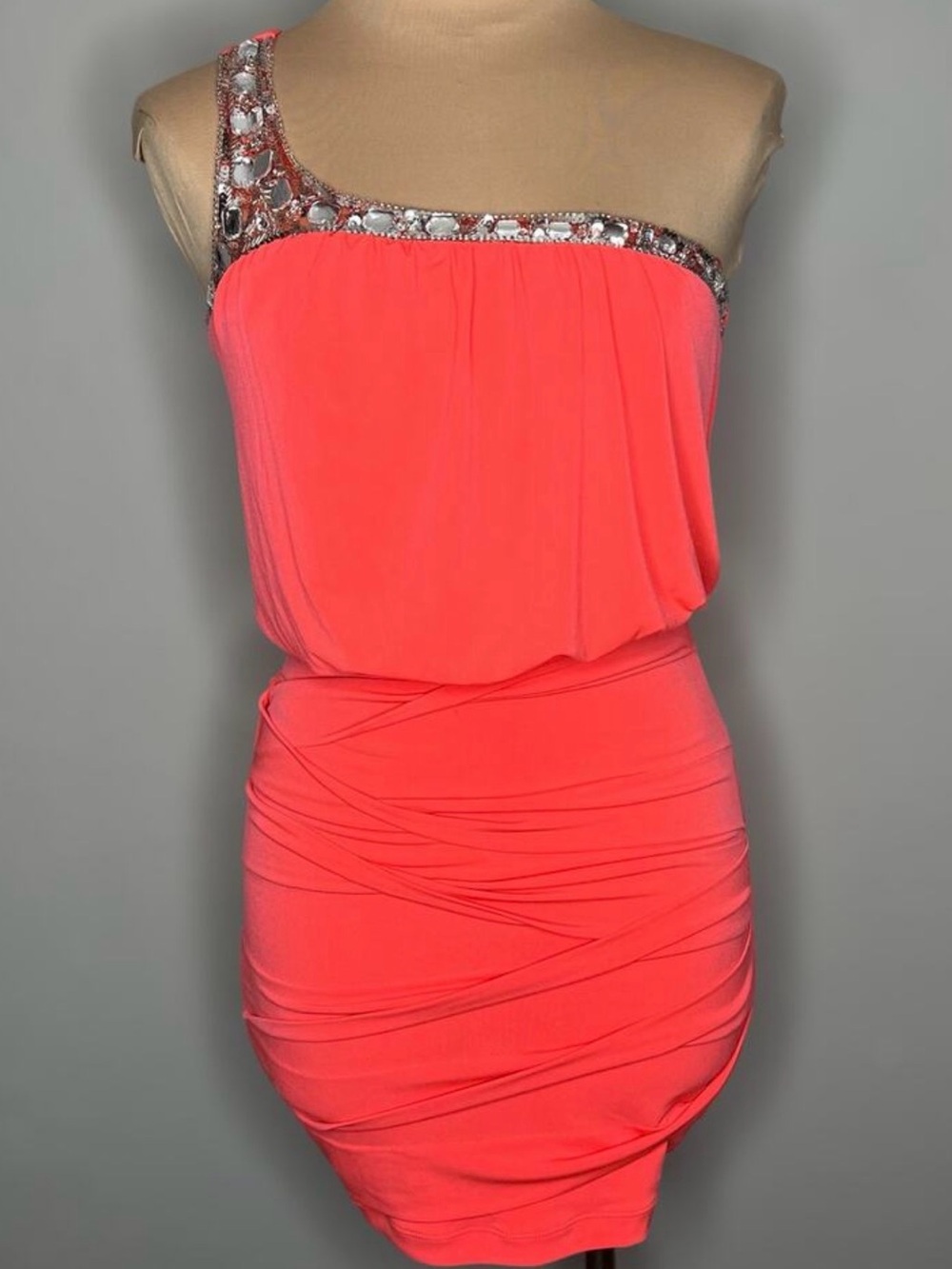 City Triangles One Shoulder Dress Small Blouson Bodycon Mini Rhinestone Sequin